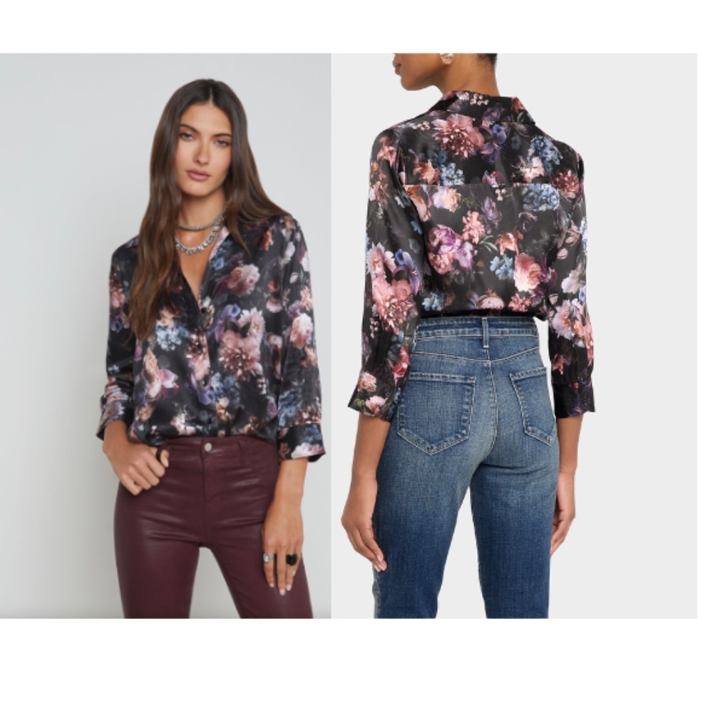 NWT L'AGENCE Dani three quarter sleeve blouse 'Vintage Oil Flower'/black -M